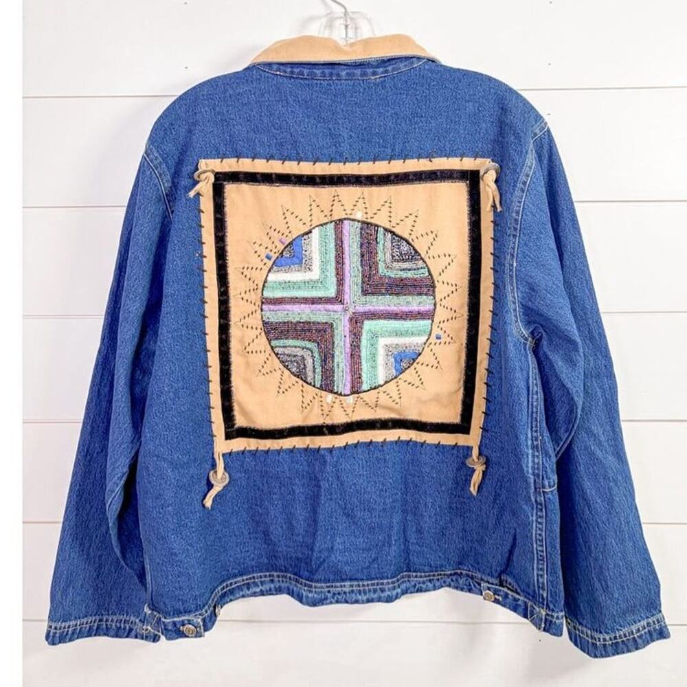 Ultimate Philadelphia Women's Denim Beaded Western Aztec Jean Jacket Blue Medium
